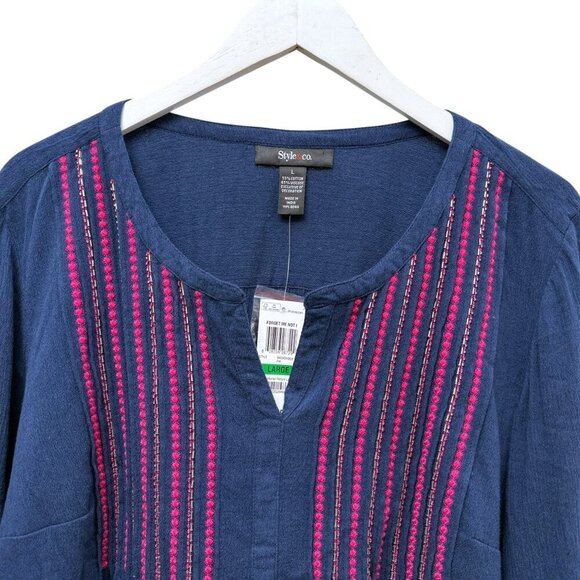 Style & Co. Womens Top Large Boho Blue Crinkle Cotton Viscose Tunic Blouse NEW - Picture 2 of 8